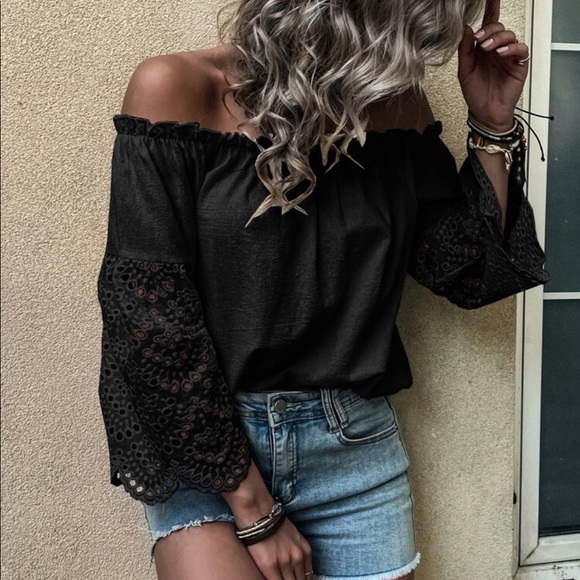 Boho Off Shoulder Eyelet Embroidery Frill Top Blouse White - Picture 13 of 15